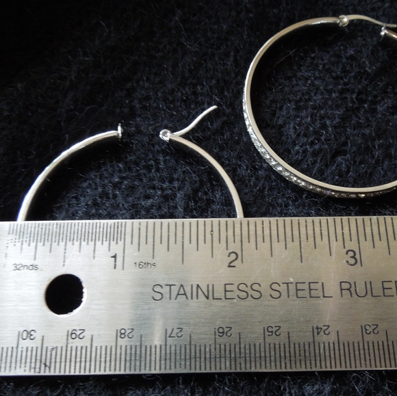 Stainless Steel silvertone inside/outside Pave, 2" inch Hoop earrings - Picture 7 of 9